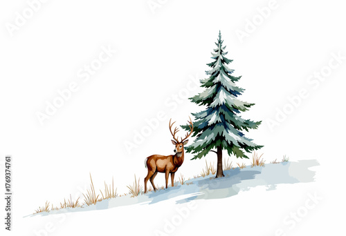 Majestic deer standing gracefully beside a snow-laden evergreen tree on a gentle winter slope, capturing the serene beauty of a tranquil, frosty landscape