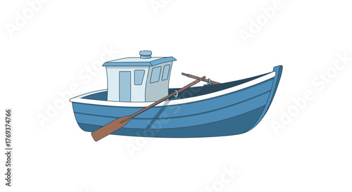 A small blue fishing boat with oars rests calmly against a white background.