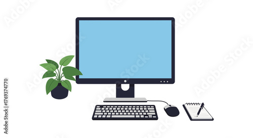 A modern computer setup with a keyboard, mouse, notepad, and a potted plant.