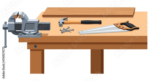 A workbench is set up with a vise, hammer, nails, saw, and wood for crafting.