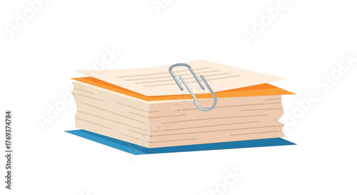 A stack of documents is held together with a silver paperclip.