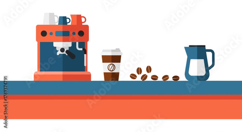 An espresso machine sits on a counter next to a coffee cup and beans.