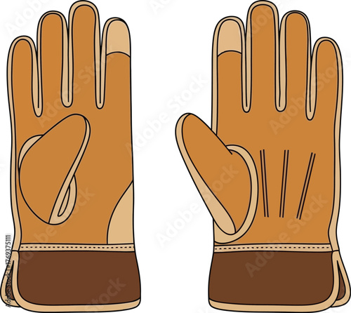 A pair of brown leather work gloves are shown from the front and side.