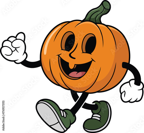 Cartoon pumpkin character with arms and legs running happily