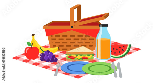 A picnic basket filled with food and drinks sits on a red and white checkered blanket.