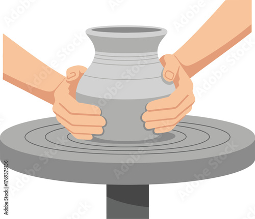 Two hands shaping a clay pot on a pottery wheel, creating art.