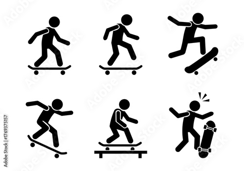 Skateboarding Silhouette Vector Set, Stickman Performing Tricks and Freestyle Moves. Minimal Black Sport Icons for Activity, Urban Style, and Motion Design.