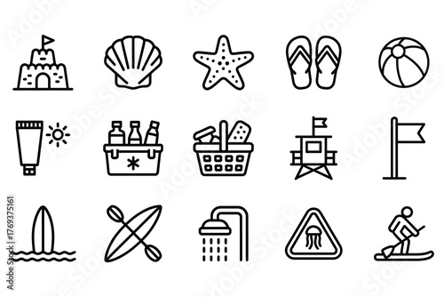 Line art beach icons set representing summer vacation and seaside activities