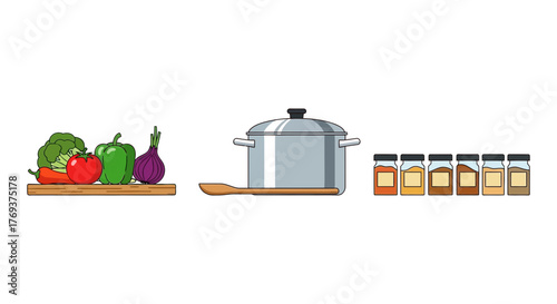 A collection of ingredients and cooking utensils for preparing a meal