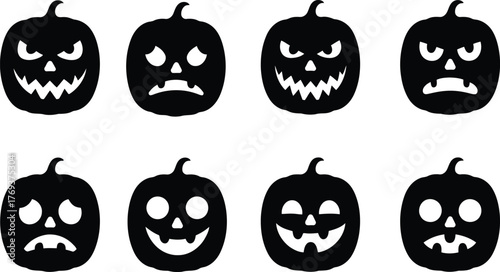 Collection of eight black silhouette halloween pumpkin faces with different expressions