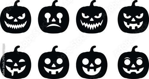 Collection of silhouette halloween jack o lanterns with various expressions