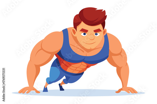 bodybuilder performing a push up on white-background
