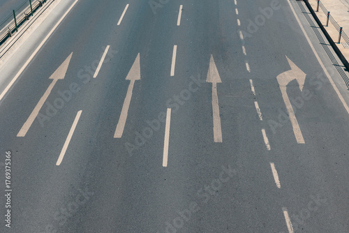 Highway with arrows on it. Top view of 4 lane highway