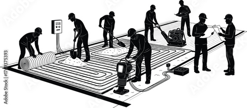 Silhouette vector illustration of construction workers installing radiant floor heating system with pipes, concrete, tools, teamwork, safety, engineering, architecture, and industry