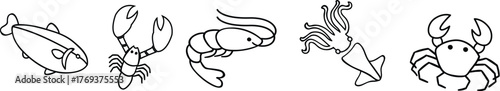 Set of Seafood creatures illustration black vector outline.