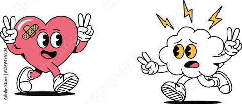 Cartoon heart and cloud characters showing peace signs with expressive faces