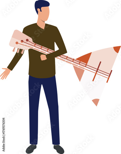 The boy is holding balalaika