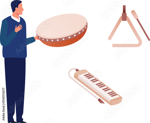 The boy is holding tambourine.