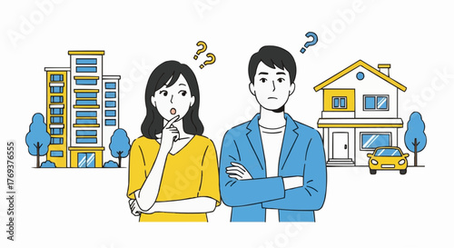 Asian couple choosing between apartment and house — flat vector illustration of housing decision and lifestyle choice