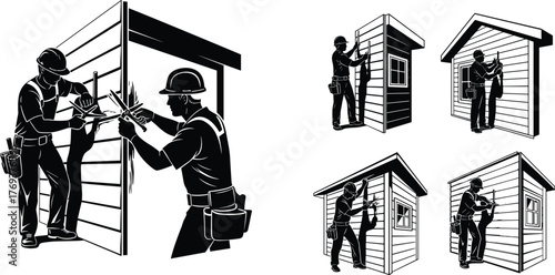 Silhouette vector illustration of construction workers installing siding on sheds with tools, teamwork, safety, measurement, carpentry, renovation, architecture, and industry