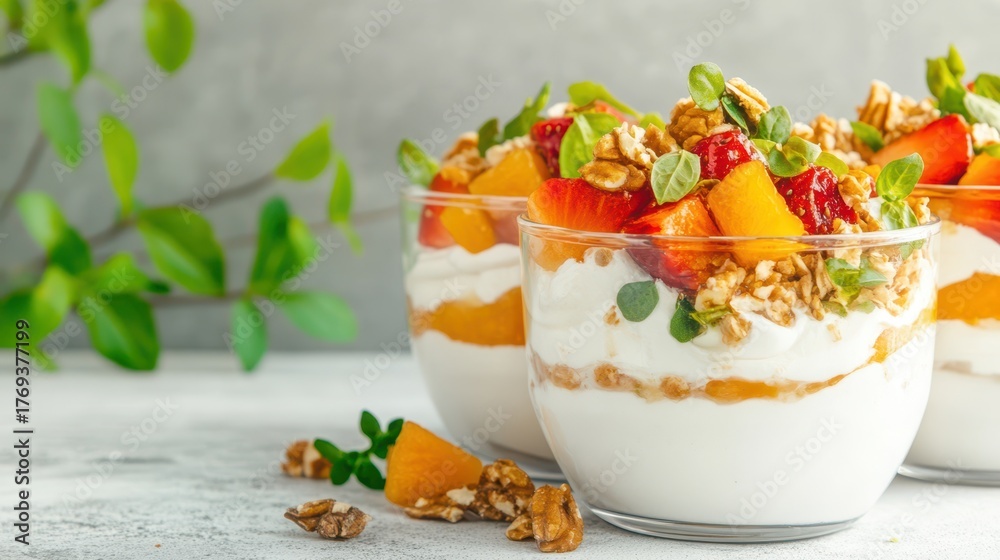 Obraz premium Refreshing Summer Parfaits: Delightful summer parfaits, layered with creamy yogurt, juicy fruits, and crunchy granola, a light and refreshing treat. 