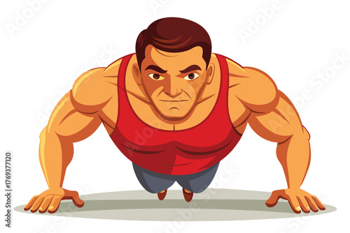 bodybuilder performing a push up on white-background