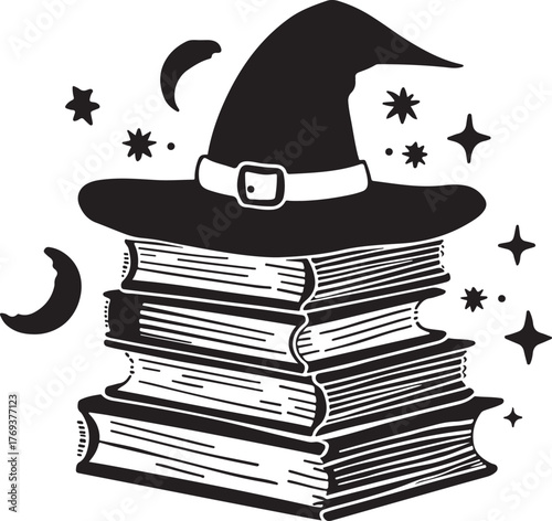 A magical of books with a witch’s hat resting on top, symbolizing wisdom, mystery, and enchantment