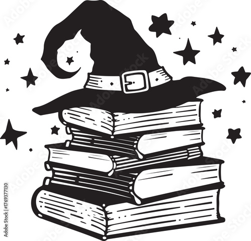 A magical of books with a witch’s hat resting on top, symbolizing wisdom, mystery, and enchantment