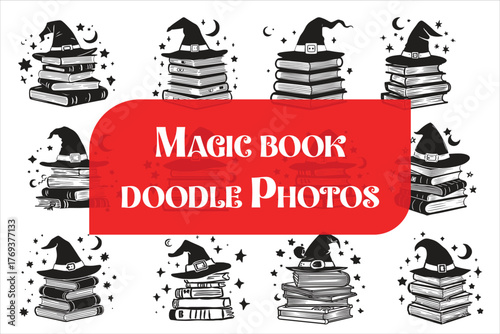 A magical of books with a witch’s hat resting on top, symbolizing wisdom, mystery, and enchantment