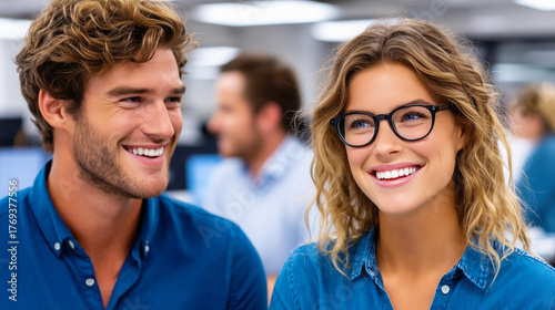 Wallpaper Mural Happy young professionals smiling in modern office teamwork environment Torontodigital.ca