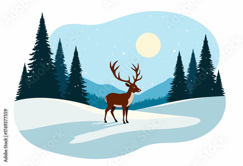 A Majestic Reindeer Gracefully Standing in a Serene Snow-Covered Winter Landscape Surrounded by Tall Evergreen Trees and Overlooked by a Softly Glowing Moon