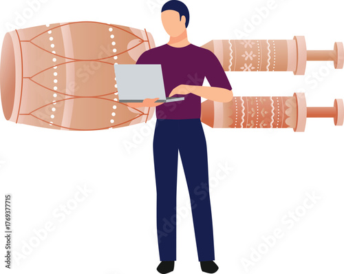 The boy is working about drum sound on laptop