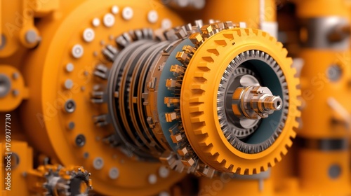 Close up of intricate yellow and silver mechanical gears and machinery parts with blurred industrial background.