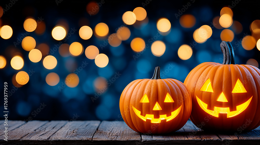 Fototapeta premium Banner with glowing halloween pumpkins on dark background with bokeh lights and copy space