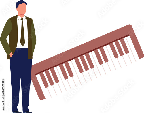 The boy standing near music keyboard.