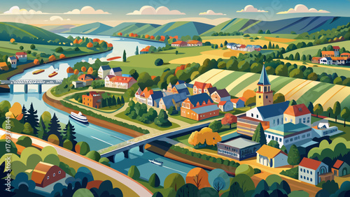 Very beautiful overhead view of the Delaware River aerial landscape showing the charming small town of Lambertville, New Jersey, and the historic city of New Hope, Pennsylvania, USA, surrounded by 