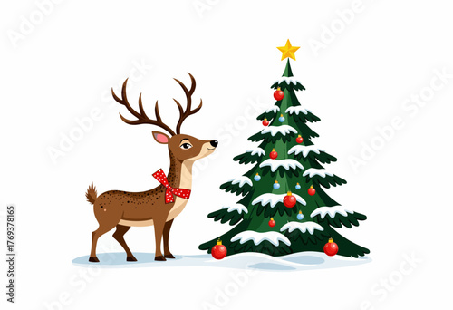 Charming reindeer with red bow gazing at beautifully adorned snow-covered Christmas tree with golden star and colorful ornaments in winter wonderland