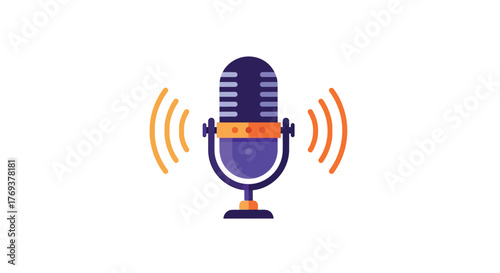 A retro microphone icon broadcasting sound waves in a flat design style.