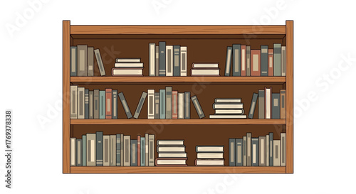 A wooden bookshelf is filled with various books and stacked paperbacks on white background.