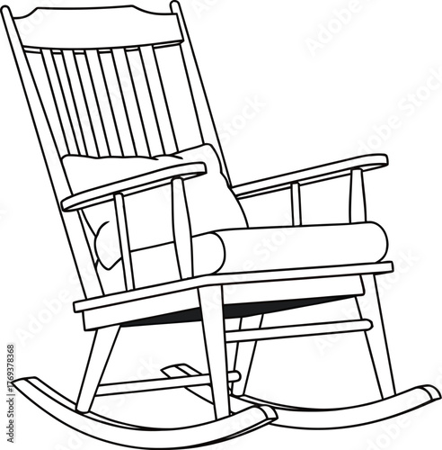 A wooden rocking chair with a cushion sits against a white background.