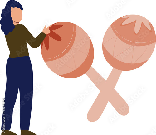 The girl is play with maracas music.