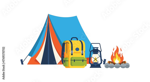 A camping tent with a backpack, lantern, and campfire is set up for outdoor adventure.