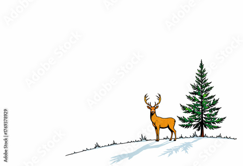 Illustration of a solitary deer standing near a conifer tree in a minimalist snowy landscape, showcasing nature and wildlife in a serene winter scene.