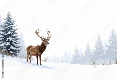Majestic Deer Standing Gracefully Amidst Snowy Forest Landscape with Towering Evergreen Trees in Serene Winter Wonderland