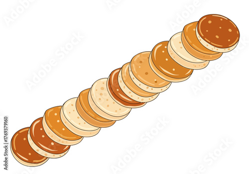 An illustration of a stack of pancakes, arranged in a diagonal line.