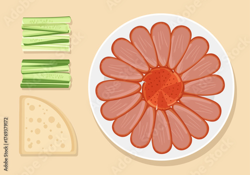 Top-down illustration of a Peking duck platter with cucumber and pancakes.