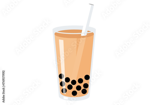 A refreshing glass of bubble tea with tapioca pearls and a straw, ready to drink.