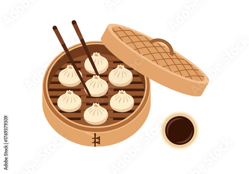 Illustration of a bamboo steamer filled with dumplings, chopsticks, and a small bowl of sauce.