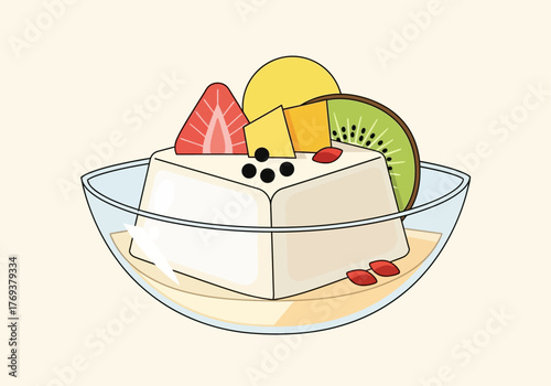 A glass bowl of almond tofu dessert topped with fresh strawberry, kiwi, and mango slices.