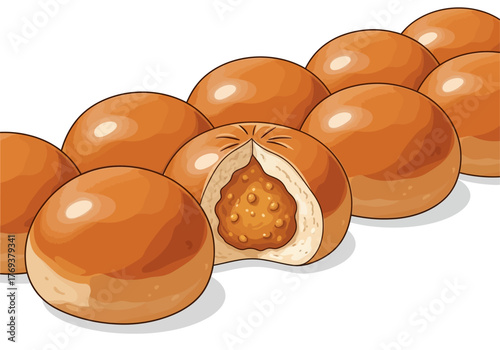 A row of golden-brown buns, one cut open to reveal a textured, savory filling, against a white background.